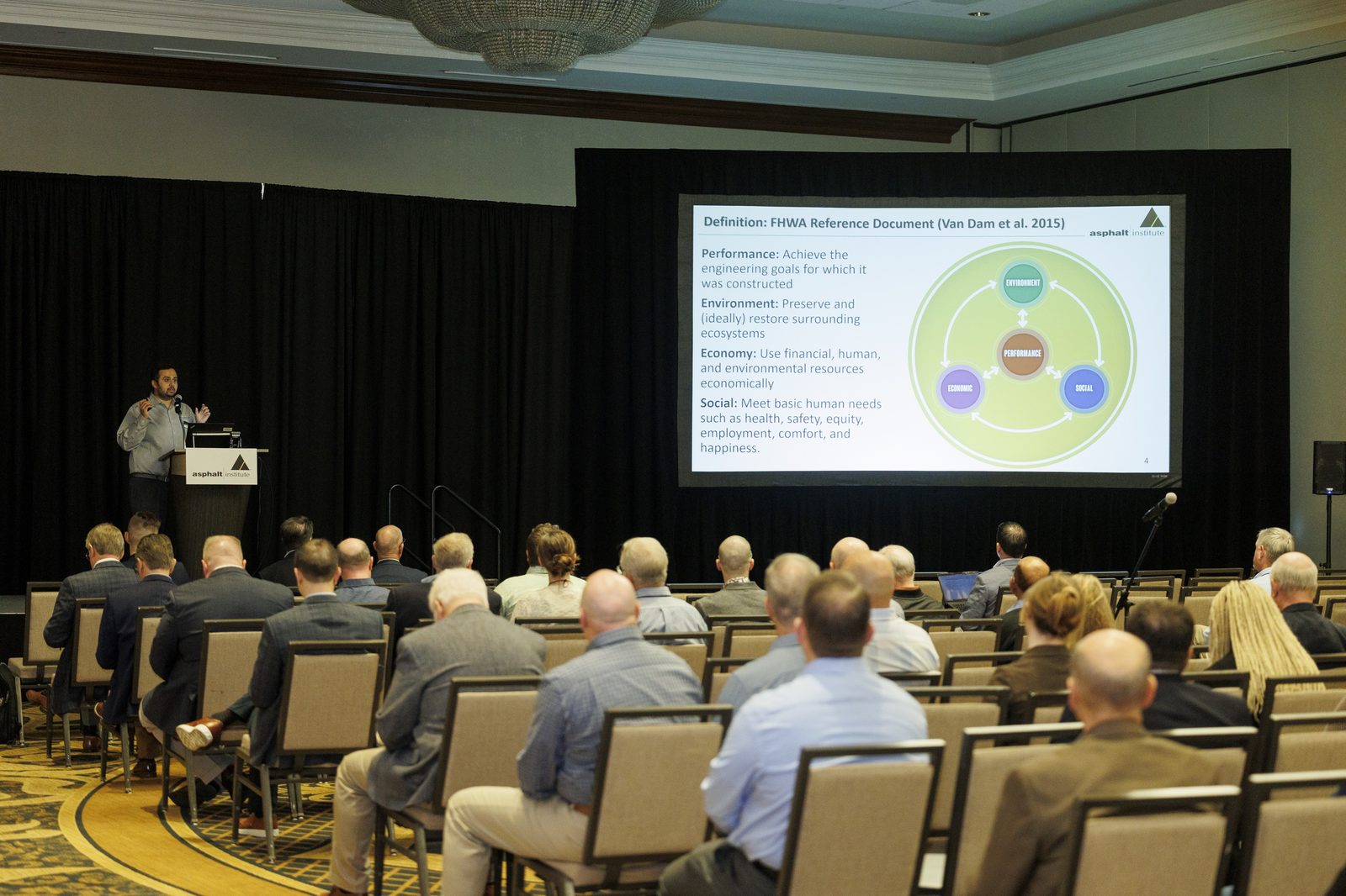 Dr. Bhat addressing a full room on pavement sustainability